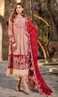 Embroidered Lawn Front 1 M Dyed Lawn Back 1 M Neckline Embroidered Patch 1 Pc Embroidered Patch A For Daman Front & Back 2 M Embroidered Patch B For Daman Front & Back 2 M Embroidered Lawn Sleeves 0.67 M Sleeves Embroidered Patch 1 M Embroidered Crinkle Chiffon Dupatta 2.5 M Dyed Cotton Trouser 2.5 M