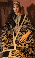 Dyed Velvet Front 1.14 M Dyed Velvet Back 1.14 M Neckline Embroidered Patch 1 Pc Embroidered Patch For Front & Back Daman 1.84 M Embroidered Patch For Front Right & Left 2.16 M Embroidered Velvet Sleeves 0.67 M Sleeves Embroidered Patch 0.92 M Embroidered Velvet Shawl 2.5 M Dupatta Embroidered Pallu Patch 4 Side 7.2 M Dyed Silk Trouser 3 M
