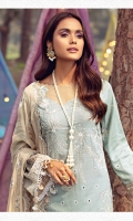 Schiffli Embroidered Lawn Front 1.20 M Dyed Lawn Back 1.14 M Dyed Neckline Patch 0.5 M Schiffli Embroidered Patch For Front Daman 0.92 M Schiffli Embroidered Lawn Sleeves 0.67 M Embroidered Sleeves Patch 1.00 M Embroidered Crinkle Chiffon Dupatta With Pallu Patch 2.50 M Dyed Cotton Trouser 2.50 M Embroidered Trouser Patch 2 Pc