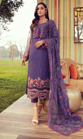 Schiffli Embroidered Lawn Front 1.10 M Dyed Lawn Back 1.14 M Embroidered Front Yoke 0.67 M Embroidered Patch For Front Daman 0.94 M Embroidered Crinkle Chiffon Sleeves 0.67 M Embroidered Sleeves Patch 1.10 M Embroidered Crinkle Chiffon Dupatta 2.50 M Dyed Cotton Trouser 2.50 M