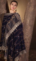 Embroidered Silk Front 1 M Dyed Silk Back 1 M Embroidered Patch A For Front & Back 2 M Embroidered Patch B For Front & Back 2 M Neckline Embroidered Patch 1 Pc Embroidered Silk Sleeves 0.67 M Embroidered Velvet Shawl & Velvet Palu Patch 2.5 M Dyed Silk Trouser 2.5 M