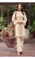 Lawn Embroidered Front Patti  Lawn Embroidered Shirt  Lawn Embroidered Sleeves Patti  Digital Printed Chiffon Dupatta  Dyed Trouser