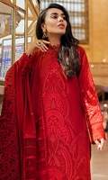 -Embroidered linen with silk patching for front -Embroidered linen for back -Embroidered linen with silk patching for sleeves -Embroidered lace for sleeves -Embroidered border for front and back hem -Embroidered lace for trouser -Embroidered linen shawl with embroidered organza extensions -Embroidered lace for shawl -Dyed linen trouser -Crochet lace for finishing