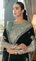 This modern peshwaas in the most ravishing shade of mint green is delicately embellished for an uber feminine look. This sophisticated ensemble is certainly meant for all ages. Pair it with a matching embellished organza dupata or a velvet shawl and look super glam. Tassels at the back add all the needed vigor to Janet. It is paired with a floor length sharara for the final look.