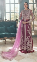 Delicately embellished long open shirt in the most intimidating hue of bright magenta is all one needs to look chic and glamorous. Crafted on pure silk organza, this open shirt is paired with a crushed raw silk sharara for the ultimate classy look. Instricate handwork all over the shirt adds all the needed oomph to DIANA. Pair is with a contrasting hand embellished organza dupatta for a complete look.