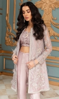 This pure silk organza net jacket is intricately hand embellished using fur, Swarovski, pearls, stones and gems to create this magical ensemble. Paired with a heavily embellished trousers and an organza dupatta, this jacket will surely generate multiple looks depending on the event and mood.