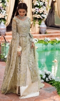 -Embroidered and hand embellished front yoke (net) -Sequinned back yoke (net) -Pani embroidered and sequinned sleeves (net) -Pani embroidered and sequinned net for front and back -Pani embroidered and sequinned border (organza) -Pani embroidered lace for finishing (organza) -Pani embroidered and sequinned lace for front and back yoke belt (organza) -Hand made tassels -Jamawar lehnga -Pani embroidered and sequinned net dupata -Embroidered and sequinned lace for dupata -Pearls for finishing