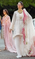 - Chikan embroidered and hand embellished cotton net front panel - Chikan embroidered back and side panels - Embroidered sleeves - Pani embroidered insert patti for sleeves front - Pani embroidered sleeves border - Hand embellished neckline - Pani embroidered lace for front and back panels - Embroidered and pearl embellished organza dupatta - Cotton trousers - Cotton silk slip - Pearls for finishing - Balls for sleeves