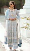 - Chikan embroidered and pearl embellished lawn front - Chikan embroidered lawn for back and side panels - Hand embellished neckline - Chikan embroidered sleeves - Embroidered and pearl embellished front yoke - Embroidered back yoke - Chikan embroidered border 1 for front and back - Chikan embroidered border 2 for front and back - Embroidered organza dupata with chatta Patti borders - Embroidered trouser lace - Cotton trousers