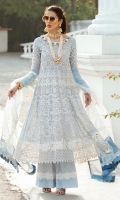 - Chikan embroidered and pearl embellished lawn front - Chikan embroidered lawn for back and side panels - Hand embellished neckline - Chikan embroidered sleeves - Embroidered and pearl embellished front yoke - Embroidered back yoke - Chikan embroidered border 1 for front and back - Chikan embroidered border 2 for front and back - Embroidered organza dupata with chatta Patti borders - Embroidered trouser lace - Cotton trousers