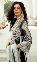 - Pani embroidered and pearl embellished cotton net for front yoke - Pani embroidered and pearl embellished cotton net front - Pani embroidered cotton net sleeves - Pani embroidered back motif - Dyed cotton net for back - Pani embroidered lace for front and back slits and hem finishing - Embroidered lace 1 for back - Embroidered lace 2 for back - Embroidered lace 3 for back - Cotton silk slip - Cotton trousers - Chata patti embroidered net and organza dupatta - Tassle for back - Pearls for finishings