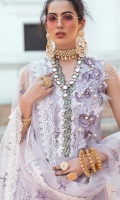 - Chikan embroidered and pearl embellished lawn for front - Chikan embroidered lawn for back - Embroidered lawn for sleeves - Embellished neckline motif with 3D flowers and fur - Chikan embroidered border for front and back with pearl embellishments - Embroidered floral lace - Embroidered white lace for finishing - Embroidered net dupata with chikan embroidered borders - 3D flowers - Pearls for finishing - Cotton trousers