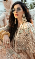 - Chikan embroidered cotton net for front and back - Embroidered floral border for shirt - Chikan embroidered shirt border - Heavily embroidered and hand embellished dupatta palu(which can be used as a cape) - Embroidered and pearl embellished pati for finishing - Cotton silk slip - Cotton trousers - Embroidered net dupatta - Crystals for finishing