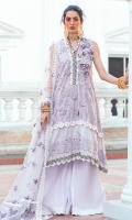 - Chikan embroidered and pearl embellished lawn for front - Chikan embroidered lawn for back - Embroidered lawn for sleeves - Embellished neckline motif with 3D flowers and fur - Chikan embroidered border for front and back with pearl embellishments - Embroidered floral lace - Embroidered white lace for finishing - Embroidered net dupata with chikan embroidered borders - 3D flowers - Pearls for finishing - Cotton trousers