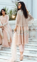 - Chikan embroidered cotton net for front and back - Embroidered floral border for shirt - Chikan embroidered shirt border - Heavily embroidered and hand embellished dupatta palu(which can be used as a cape) - Embroidered and pearl embellished pati for finishing - Cotton silk slip - Cotton trousers - Embroidered net dupatta - Crystals for finishing