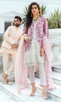 - Chikan Embroidered cotton net front and back - Heavily embroidered and hand embellished front - Embroidered and embellished sleeves - Pani embroidered pati for neckline - Pani embroidered border for front and back hemline - Embroidered border for front - Cotton silk slip - Jamawar trousers - Embroidered organza dupatta with pani border - Pearls for shirt finishing - Gold metallic balls for finishing