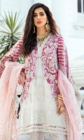 - Chikan Embroidered cotton net front and back - Heavily embroidered and hand embellished front - Embroidered and embellished sleeves - Pani embroidered pati for neckline - Pani embroidered border for front and back hemline - Embroidered border for front - Cotton silk slip - Jamawar trousers - Embroidered organza dupatta with pani border - Pearls for shirt finishing - Gold metallic balls for finishing