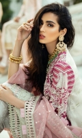 - Chikan Embroidered cotton net front and back - Heavily embroidered and hand embellished front - Embroidered and embellished sleeves - Pani embroidered pati for neckline - Pani embroidered border for front and back hemline - Embroidered border for front - Cotton silk slip - Jamawar trousers - Embroidered organza dupatta with pani border - Pearls for shirt finishing - Gold metallic balls for finishing