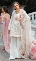 - Chikan embroidered and hand embellished cotton net front panel - Chikan embroidered back and side panels - Embroidered sleeves - Pani embroidered insert patti for sleeves front - Pani embroidered sleeves border - Hand embellished neckline - Pani embroidered lace for front and back panels - Embroidered and pearl embellished organza dupatta - Cotton trousers - Cotton silk slip - Pearls for finishing - Balls for sleeves