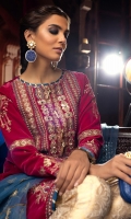 -Embroidered and hand embellished front panel on velvet (1 m) -Embroidered and hand embellished side panels on velvet (2) -Plain velvet back (1.25 m) -Embroidered velvet for sleeves (0.75 m) -Embroidered finishing lace for front and  back hem (1.5 m) -Embroidered net and organza dupatta  (2.5 m) -Jamawar trousers (2.5 m) -Blue satin silk for finishing -Kirin lace for shirt hem & sleeves (2.3 m) -Golden lappa for detailing (2.3 m)
