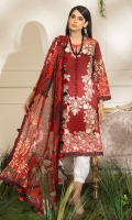 -Gradient printed embroidered front -Digital printed back and sleeves -Digital print chiffon dupatta -Dyed trousers -Embroidered patches for shirt (2) -Embroidered border for hem -3D embroidered flowers (24) -Buttons for sleeves styling (16) -Red balls for neckline (8) -Balls for hemline (11)  *Dupatta finishing was used for styling only, it is not included in the package.