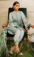 -Chikan embroidered front -Digital printed back and sleeves -Digital print pure silk dupatta -Dyed trousers -Embroidered border for hem -Embroidered neckline -Embroidered lace for finishing -Circle lace for styling -Buttons (18) -Balls for neckline (8) -3D embroidered flowers (30)  *Dupatta finishing was used for styling only, it is not included in the package.