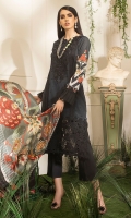 -Chikan embroidered front -Digital printed back and sleeves -Digital print pure silk dupatta -Dyed trousers -Embroidered border for hem -Embroidered neckline -Embroidered lace for finishing -Circle lace for styling -Bottoms (20) -3D embroidered flowers (26)  *Dupatta finishing was used for styling only, it is not included in the package.