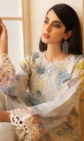 -Digital print and embroidered front -Digital printed back and sleeves -Embroidered dupatta pallu -Embroidered dupatta center -Dyed trousers -Printed border for trouser -Embroidered lace for sleeves -Circle lace for finishing -Pearls for dupatta borders (80) -3D Embroidered flowers (20)