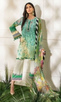-Digital printed and embroidered front -Digital printed back and sleeves -Digital print chiffon dupatta -Dyed trousers -Printed border for trouser -Embroidered floral patches for front (2) -3D assorted embroidered flowers (22) -Balls for neckline (10)  *Dupatta finishing was used for styling only, it is not included in the package.