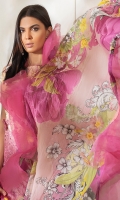 -Digital printed and embroidered front -Digital printed back and sleeves -Digital print chiffon dupatta -Dyed trousers -Printed border for trouser -Embroidered floral patches for front (2) -3D assorted embroidered flowers (18) -Pearls for finishing (40) -Embroidered scallop border for front hem  *Dupatta finishing was used for styling only, it is not included in the package.