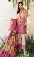 -Digital printed and embroidered front -Digital printed back and sleeves -Digital print chiffon dupatta -Dyed trousers -Printed border for trouser -Embroidered floral patches for front (2) -3D assorted embroidered flowers (18) -Pearls for finishing (40) -Embroidered scallop border for front hem  *Dupatta finishing was used for styling only, it is not included in the package.