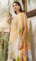 -Gradient dyed embroidered front -Digital print back and sleeves -Digital print chiffon dupatta -Dyed trousers -Printed border for trouser -Embroidered 3D assorted flowers (28) -Embroidered lace for hem and styling -Buttons (10) -Pearls for finishing (40)  *Dupatta finishing was used for styling only, it is not included in the package.