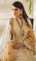 -Digital print front, back and sleeves -Embroidered organza dupatta center -Embroidered organza pallu -Embroidered floral border for shirt -Embroidered patch for shirt -Embroidered neckline -Dyed trouser -Pearls for neckline (10) -3D embroidered flowers for dupatta and shirt (80) -Embroidered lace for sleeves  *Dupatta finishing was used for styling only, it is not included in the package.
