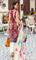 -Embroidered front -Digital printed back and sleeves -Digital print pure chiffon dupatta -Dyed trousers -Mirror worked embroidered border for hem -Embroidered lace for hem -Mirror worked embroidered lace for side slits -Embroidered lace for neckline and  sleeves  *Dupatta finishing used for styling only (not included)