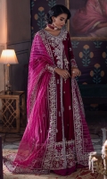 -Embroidered and sequined velvet for front, back and sleeves -Embroidered and sequined velvet for side panels -Embroidered and hand embellished neckline -Embroidered and hand embellished back neckline -Embroidered and sequined border for hem -Embroidered and sequined border for sleeves -Embroidered and sequined patti for finishing -Embroidered and sequined four sided ready to wear organza dupatta -Raw silk trouser -Hand made tassels -Pearls for finishing