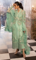 -Chikan and pearl embroidered front panels on chiffon with hand embellishments -Chikan and pani embroidered back motif -Chika and pani embroidered patches for front and back (left and right) -Chikan and pani embroidered sleeves motifs -Chikan and pani embroidered sleeves lace -Chikan embroidered lace for back panels -Pani embroidered patti for neckline -Pani embroidered net dupatta with borders -Criss cross finishing lace for shirt -Pearls for finishing -Dyed chiffon for back, sleeves and front side panels -Cotton silk undershirt -Raw silk trousers