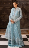 -Chikan embroidered and embellished neckline -Chikan embroidered and embellished bodice -Embroidered chiffon for front and back -Dyed chiffon for sleeves -Pani and chikan embroidered border for ghaira -Pani and chikan embroidered motifs for front and back ghaira -Pani embroidered lace for ghaira -Pani and chikan embroidered lace for sleeves -Pani embroidered patti for front and back panels and ghaira -Pani and chikan embroidered back motif -Embroidered organza dupatta -Pani and chikan embroidered motifs for dupatta -Pani embroidered dupatta border for two side -Finishing lace for sleeves -Finishing border lace for sleeves -Cotton silk undershirt -Raw silk trousers