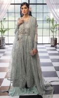 -Hand embellished neckline -Pani embroidered bodice on chiffon -Embroidered chiffon for front -Embroidered chiffon for back -Pani embroidered border for front and back ghaira and sleeves -Hand embellished 3D motif -Pani embroidered patti for panels and finishing -Embroidered back motif -Sequinned embroidered dupatta -Pearls for finishing -Dyed chiffon for sleeves -Finishing lace for sleeves -Cotton silk undershirt -Raw silk trousers