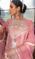 -Chikan and pani embroidered and hand embellished neckline -Chikan and pani embroidered back motif -Chikan and pani embroidered panel for front -Chikan and pani embroidered motifs for front and back ghaira -Pani embroidered border for front and back ghaira and sleeves -Pani embroidered patti for front and back panels -Dyed chiffon for front, back and sleeves -Sequinned embroidered net dupatta with borders and finishings -Finishing lace for sleeves and ghaira -Finishing lace for front and back panels -Cotton silk undershirt -Raw silk trousers