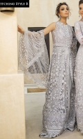 -Pani embroidered and sequinned net for front and back -Embroidered, sequinned and hand embellished net for front yoke -Dyed net for back yoke -Embroidered and sequinned daman for front and  back -Embroidered and sequinned sleeves on organza -Sequinned finishing lace -Raw silk lehenga -Cotton silk undershirt -Pani embroidered net dupatta -3D sequinned flowers -Drops for shirt finishing