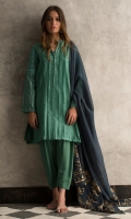 Green pleated woven shirt with mirror work on sleeves.