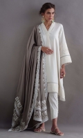 Fall linen drop kurta with pleating and delicate delicate detailing. Our beige pashmina mitla shawl is adorned with delicate leather work and can be worn in multiple ways. Comes with pants.
