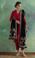 Our signature red high low wrap jacket in pure crepe silk with gota and zardoze embroidery. Comes with silk pants and paired with pure black velvet dupatta finely hand embroidered in zardoze.