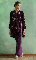 Purple lush deep purple velvet scallop jacket embroidered with rich jewel pieces in zardoze and crystals. Versatile and easy to wear. It comes with a camisole and pure silk pants.