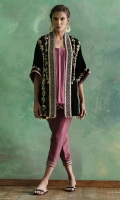 Cape jacket worked in zardoze comes with pure silk pleated camisole and silk pants.