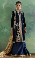 Royal blue pure velvet chogha jacket intricately worked in zardoze is paired pure gold hand woven metallic silk dupatta and comes with a light weight pure silk dhaka pajama.