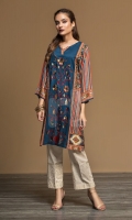 Blue Digital Printed Embroidered Stitched Linen Shirt - 1PC