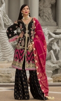 Front: Self Jaquard Embroiderd Lawn Back: Dyed Self Jaquard Lawn Sleeves: Self Jaquard Embroiderd Lawn Gharara: Printed Cambric Dupatta: Gold Jaquard Embroideries: Embroidered Patti for Front Embroiderd Silk Applique Border 2 Embroiderd Patches For Shirt Embroidered border for sleeves 