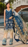 Front: Schiffli Embroiderd Lawn Back: Dyed Lawn Sleeves: Dyed Lawn Pants: Dyed Cambric Dupatta: Digital Printed Tissue Silk Embroideries:Embroiderd sleeves silk patti Embroiderd pants Silk Border