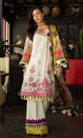 Front: Embroiderd Cotton Net Back: Digital Printed Lawn Sleeves: Digital Printed Lawn Pants: Dyed Cambric Dupatta: Digital Printed Tissue Silk Embroideries: 2Embroiderd Front Patches Embroiderd Front Silk Patti Embroiderd Silk Neckline Embroiderd Silk Ghera Border
